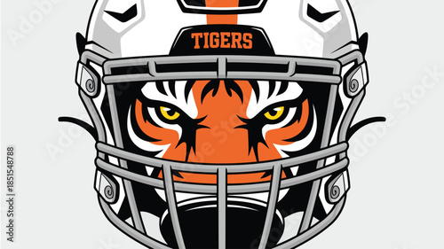 A striking illustration of an American football helmet with a powerful tiger face on a light grey background