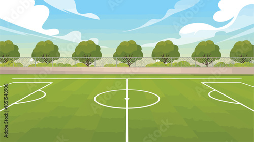 A vibrant cartoon soccer field with crisp white lines, a fence, symmetrical trees, and a bright blue sky