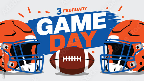 A vibrant Game Day banner features football helmets, a football, and celebratory sprinkles on a white field