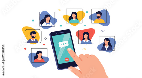 Hand holding a smartphone to start a video call, connecting with a group of diverse people in a virtual meeting online.