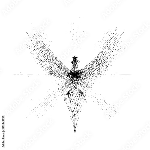 Abstract representation of a bird with outstretched wings in black ink style on white background
