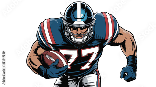 An energetic American football player number seventy seven dashing forward with a football