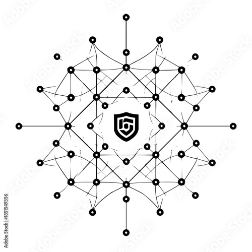 Abstract network design with central shield icon connecting multiple nodes in a complex structure design