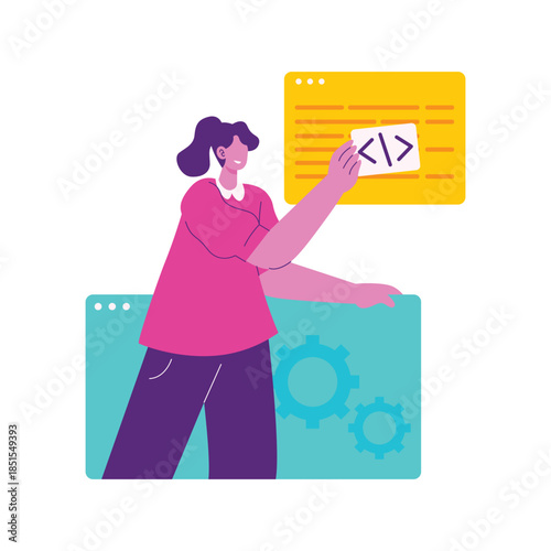 Young woman programmer holding a code snippet panel.