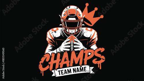 Bold illustration of an American football player holding a football wearing a helmet with a crown and text banner