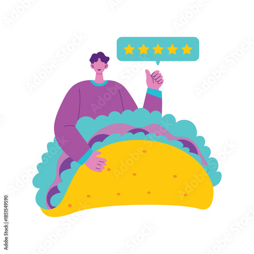 Smiling person giving thumbs up while holding taco.