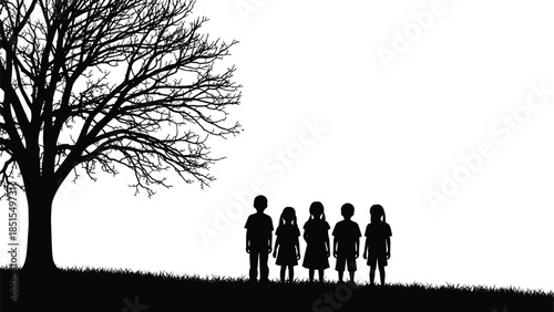 Children silhouette vector, tree illustration, black art, nature and childhood, standing kids, outdoor scene, emotional concept, minimal design, seasonal mood