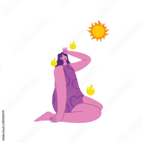 Stylized seated woman with flames and sun.