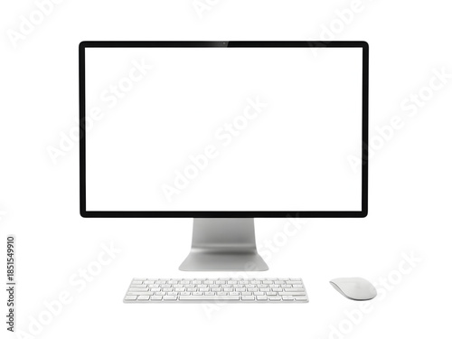 Modern desktop computer setup, featuring a sleek monitor with a keyboard and mouse, ideal for showcasing minimalistic