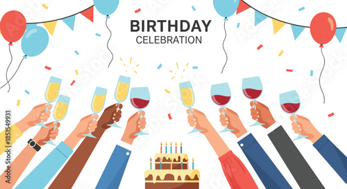 Diverse group of hands toasting with champagne and wine glasses at a birthday celebration with a cake and festive decorations.