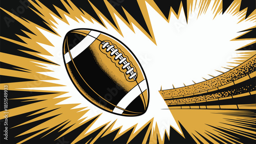 Dynamic American football with a striking comic burst effect and stadium stands in the background