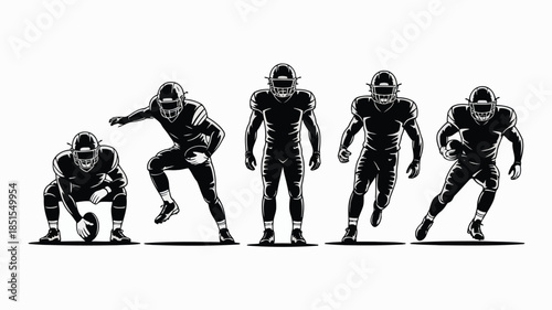 Dynamic black silhouettes of five American football players in different action poses for sports