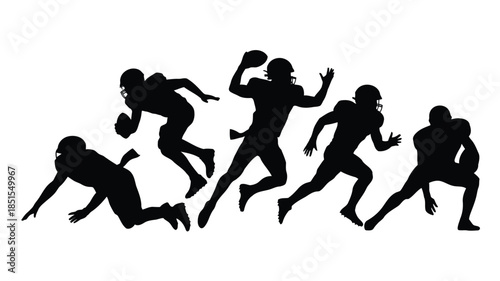 Dynamic black silhouettes of five American football players in various action poses on a pristine white backdrop
