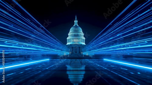 Illuminated government building dome with blue light trails radiating across reflective surface at night