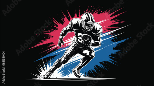 Dynamic monochrome illustration of an American football player running with the ball against a vibrant red and blue background