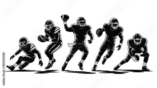 Dynamic silhouettes of five American football players in different action poses for athletic sports