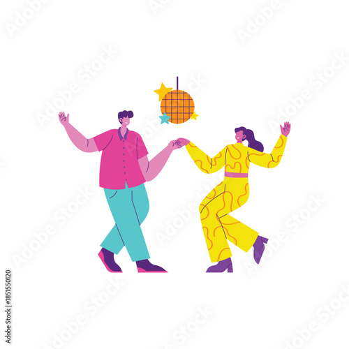 Two stylized dancers dancing together under disco ball.