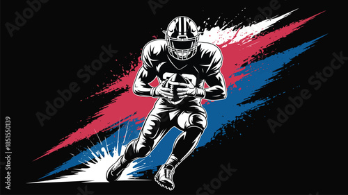 Energetic American football player running with the ball amidst striking red white and blue paint splatters