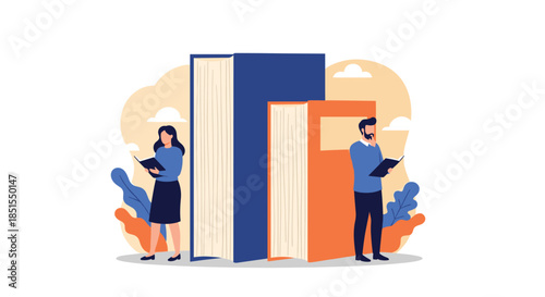 Man and woman standing beside giant books and reading, symbolizing education, knowledge, literature, and the love of reading.