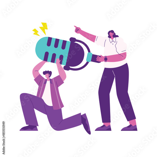 Two stylized people handling oversized microphone together.