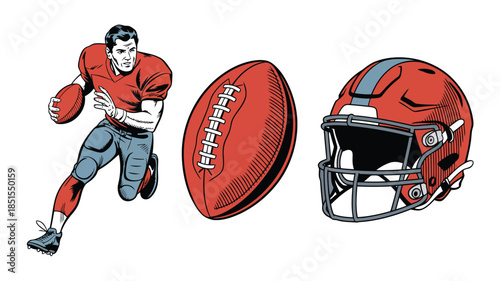 Energetic American football player runs with the ball beside sports equipment on a clean white field