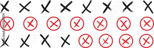 Cross sign set. Wrong mark collection. Red cross X symbol. Red grunge X icon. Hand-drawn red cross marker. Hand drawn doodle red cross sign