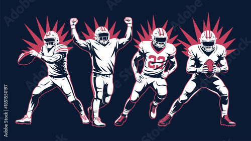 Energetic American football players in white uniforms with red details strike dynamic poses against a dark background