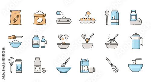 Set of line art icons illustrating the process of baking, including ingredients like flour, eggs, milk, and various utensils.