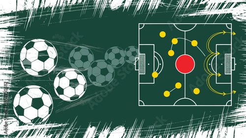 Football soccer balls and a strategic play diagram with player positions on a dark green field