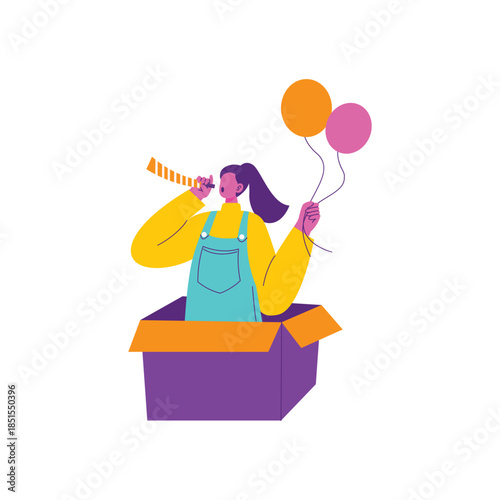 Woman Popping Out Of Gift Box Celebrating.