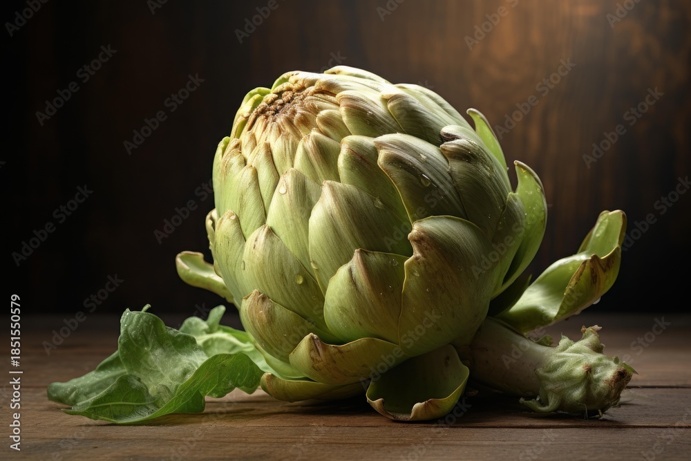 Fototapeta premium Fresh green artichoke with water drops resting on a rustic wooden background