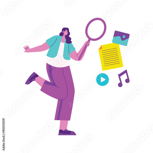 Woman Searching Digital Media With Magnifying Glass.
