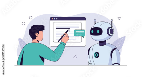 Man interacting with an AI robot, co-editing or writing a document on a digital screen, symbolizing AI-assisted content creation.