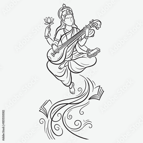 Hindu Goddess Saraswati flying with Veena and books line art India Indian