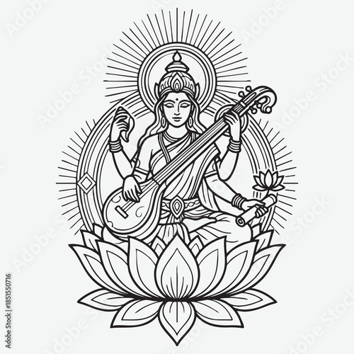 Saraswati Goddess of Knowledge Playing Veena with Radiant Aura Hindu goddess musical instrument