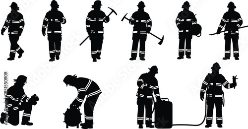 Firefighter silhouettes, emergency response team, fire safety gear, rescue operation poses, protective uniform, fire hose action, firefighting tools, vector illustration, hero concept