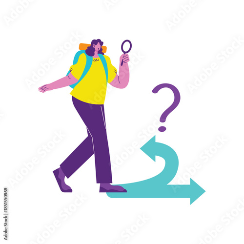 Young Traveler With Magnifying Glass Exploring Choices.