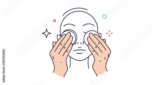 Line art illustration of a person's face with hands gently applying skincare product to the under-eye area using cotton pads.
