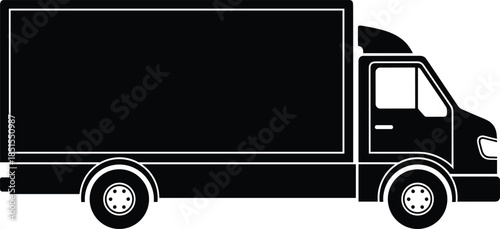 Box truck silhouette vector, side view transport, black cargo vehicle illustration, delivery service icon, 