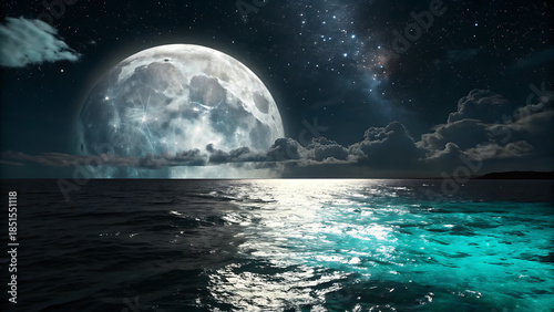 Giant luminous full moon shining brightly over dark ocean water with glowing bioluminescence under a starry night sky and scattered cloud