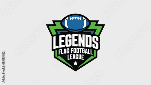 Official emblem for the Legends Flag Football League featuring a shield design with a blue football and bright green accents