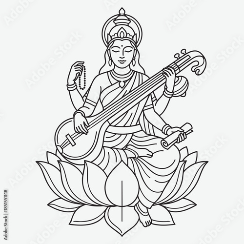 Saraswati Goddess Playing Veena with Rosary and Scroll on Lotus Hindu goddess musical instrument