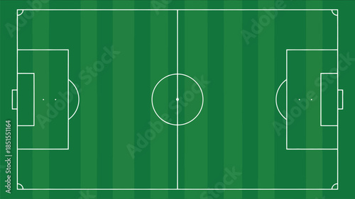 Overhead view of a vibrant green soccer football field with clear white markings