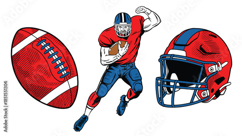 Strong American football player poses with a raised arm holding a ball, next to a separate helmet