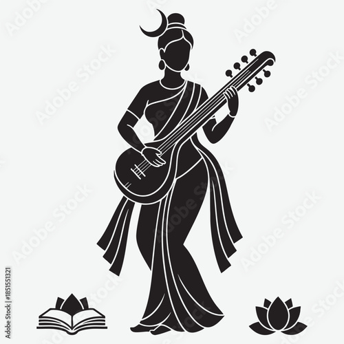 Standing Saraswati goddess playing veena with crescent moon and lotus hindu hinduism