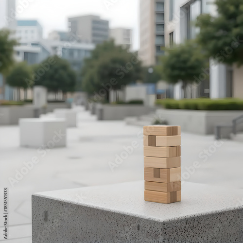 Stacked Wooden Blocks Sculpture in Urban City Plaza