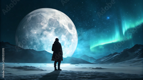 A lone figure stands in a vast, snowy landscape gazing up at a massive, detailed moon and vibrant green aurora borealis illuminating the night sky