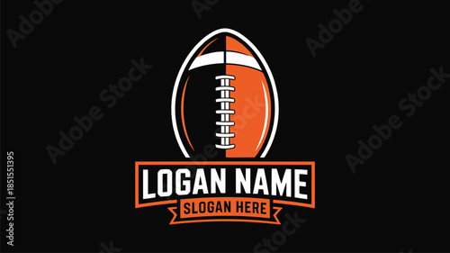 This bold football sports logo features an orange and black ball design with placeholder text on a dark background