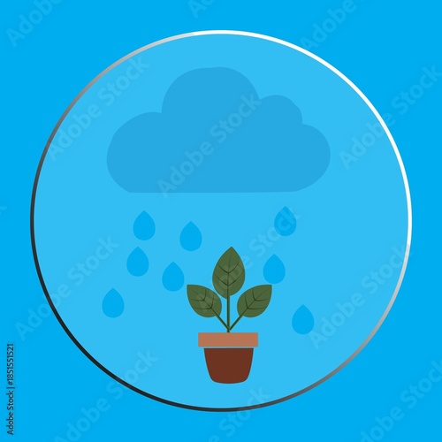 Minimalist Illustration of a Small Plant in a Pot Being Watered by Rain Clouds.