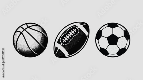 Three classic sports balls, a basketball, a football, and a soccer ball, are displayed side by side